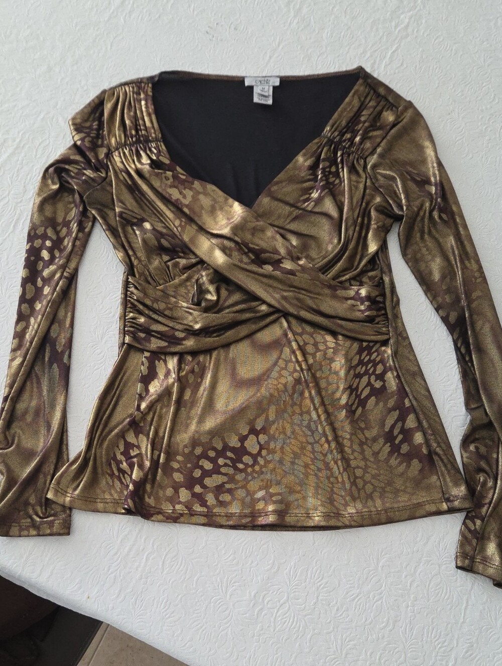 Cache Metallic Bronze & Brown Faux-Wrap Long Sleeve Top